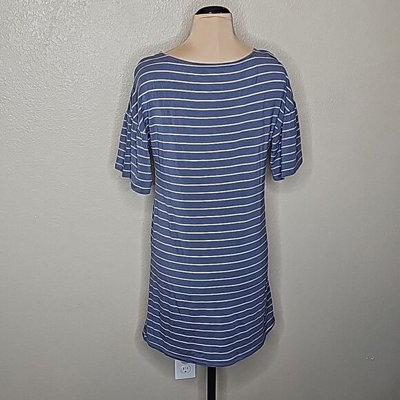 Garnet Hill Small Blue Gray stripe Ruffle Sleeve tee shirt dress - Picture 4 of 7